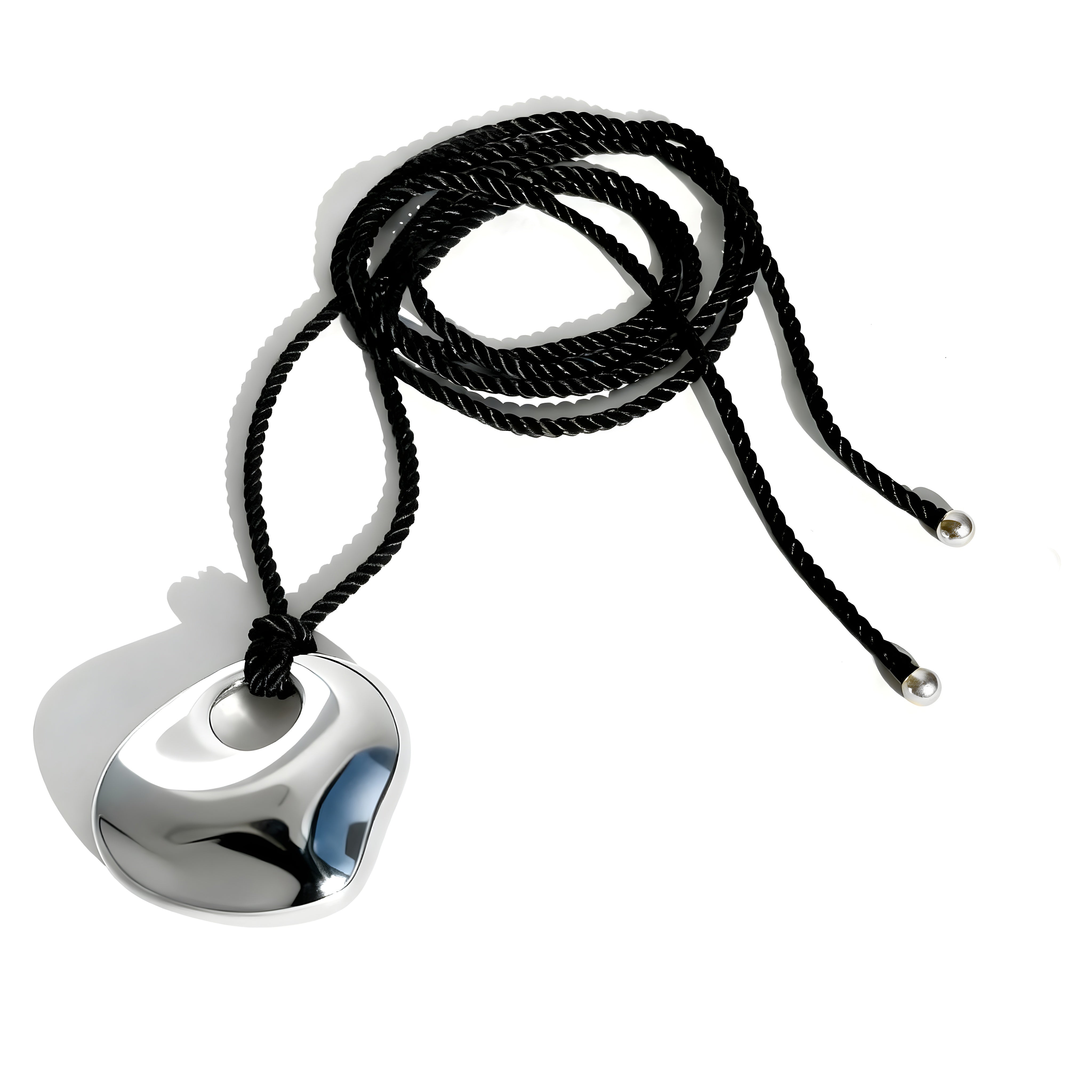 Silver pendant with curved organic shape on black braided cord necklace