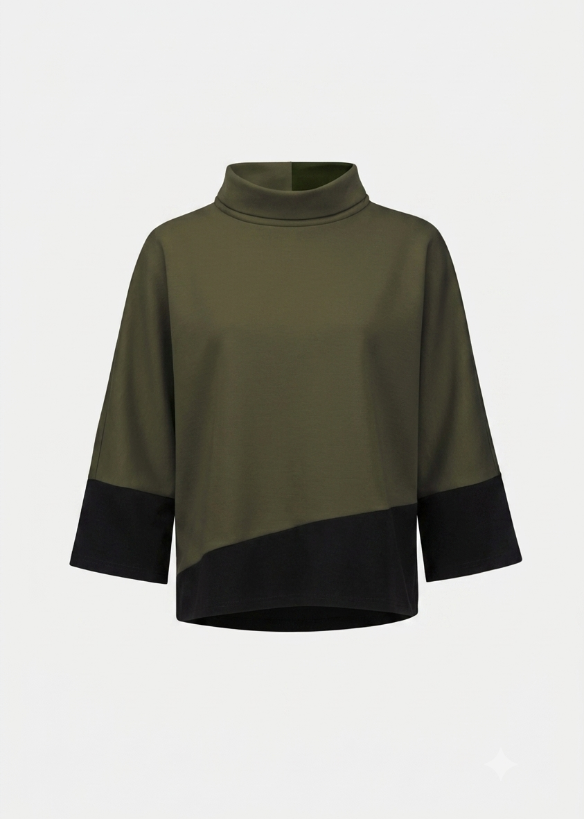 Color-block scuba jersey trapeze top with mock neck, avocado green and black