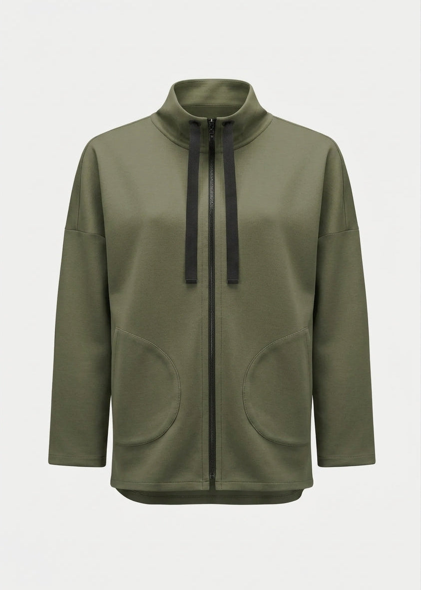 Avocado green funnel-neck zip jacket with black drawstrings and kangaroo pockets.
