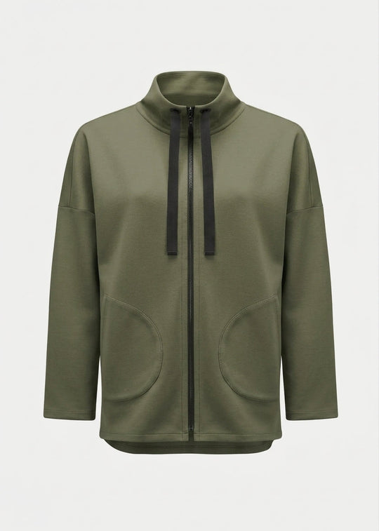 Avocado green funnel-neck zip jacket with black drawstrings and kangaroo pockets.