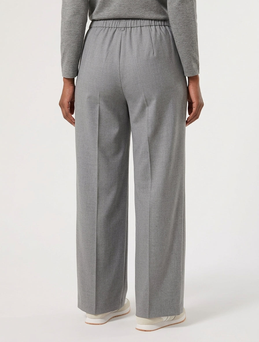 Grey melange stretch drawstring wide-leg pants with straight front