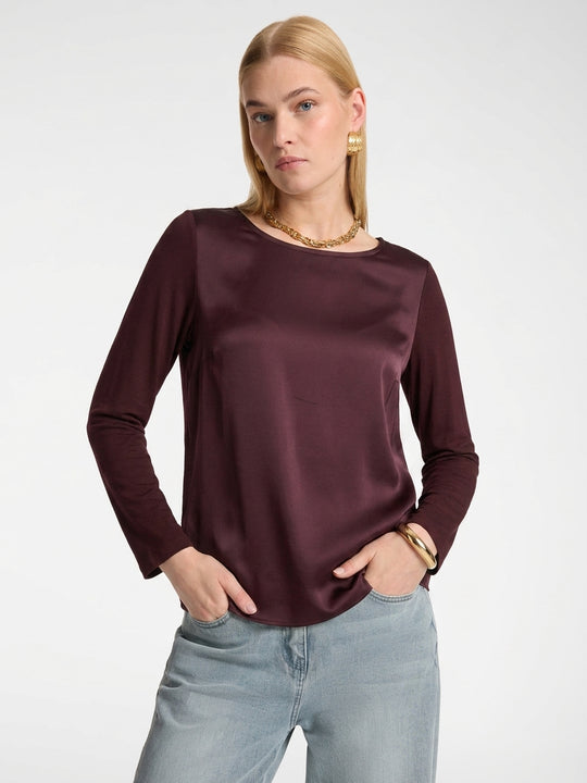 Satin boat-neck long-sleeve tee in dark plum, front view