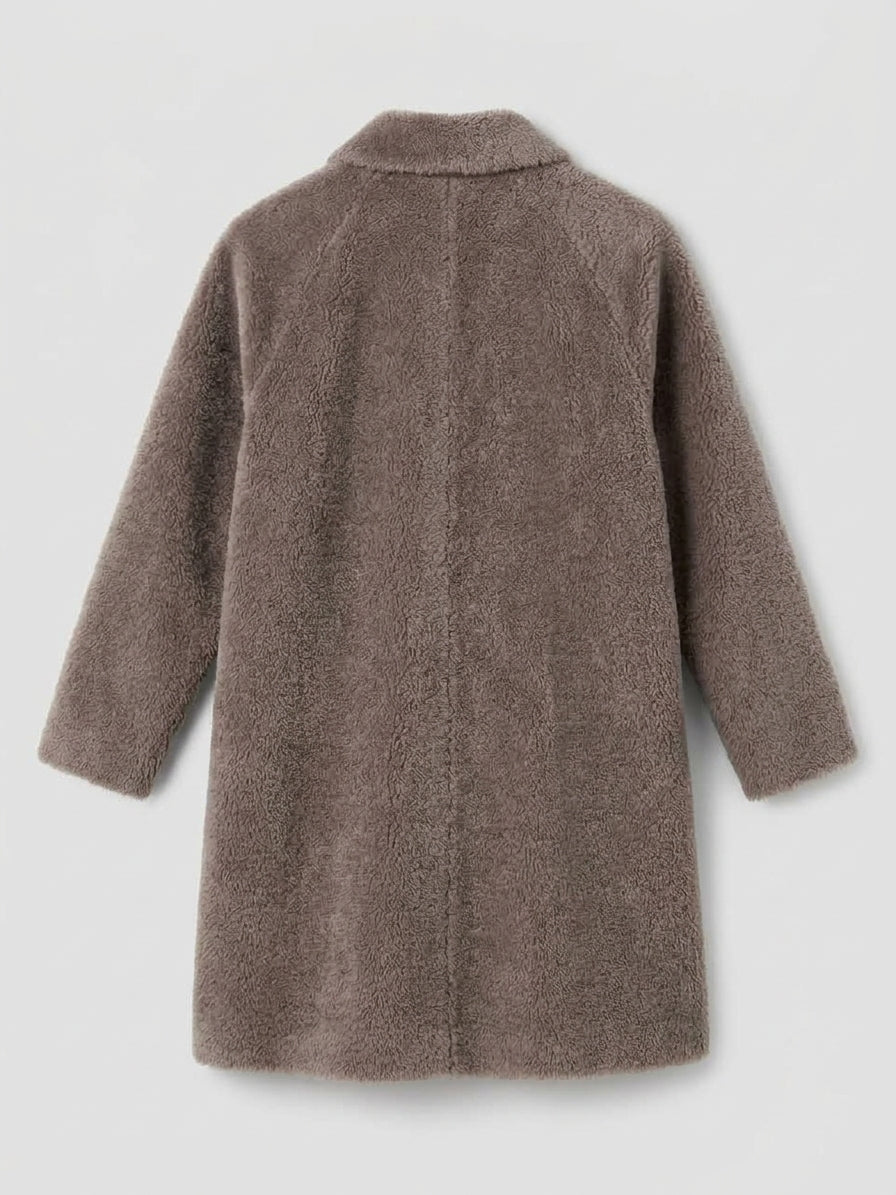 Cobblestone long coat, back view, classic stand collar