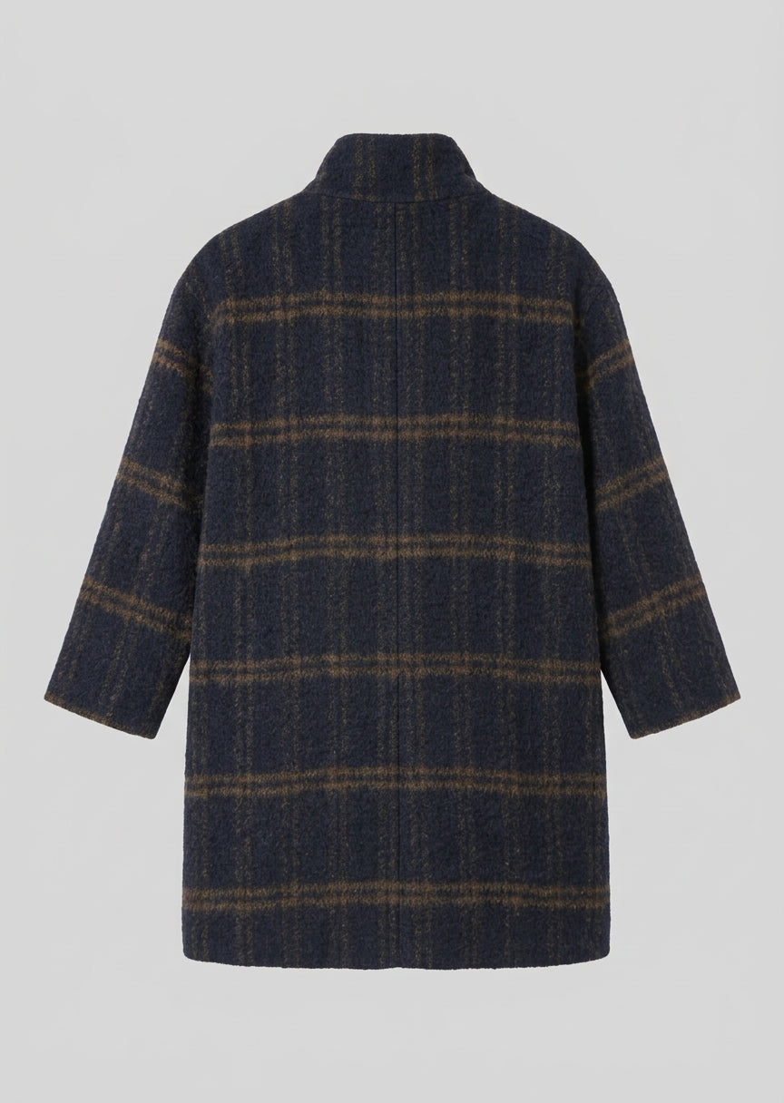 Long knit coat with high collar, dark blue windowpane plaid, long sleeves, back view