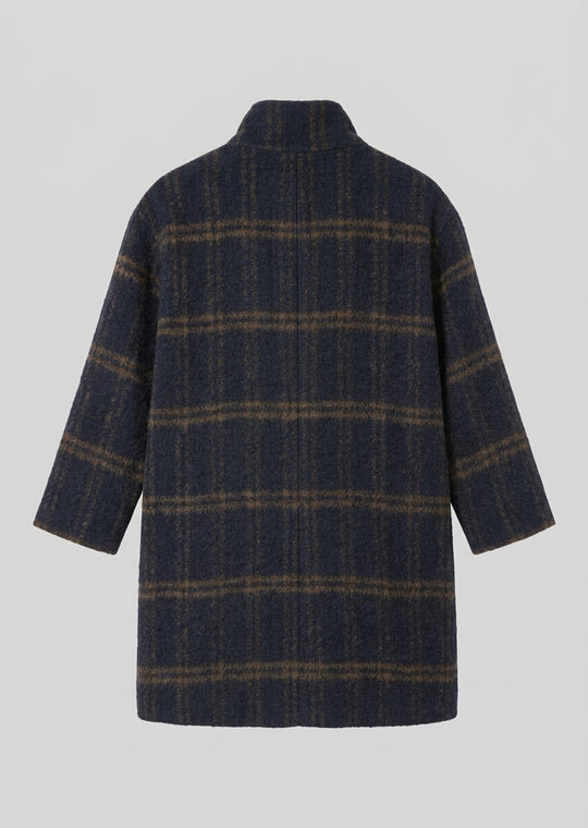 Long knit coat with high collar, dark blue windowpane plaid, long sleeves, back view