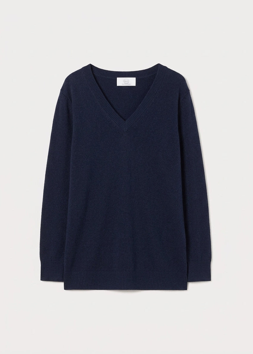 Marina Rinaldi cashmere V-neck sweater, long sleeves, midnight blue, flat lay
