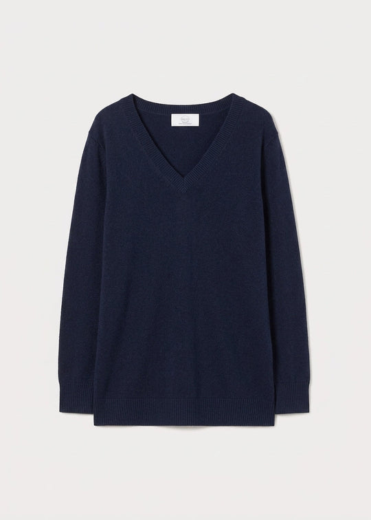 Marina Rinaldi cashmere V-neck sweater, long sleeves, midnight blue, flat lay