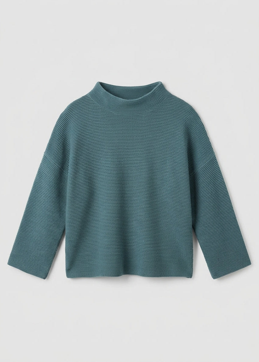 Turquoise knit bracelet-sleeve sweater with funnel neck and ribbed cuffs