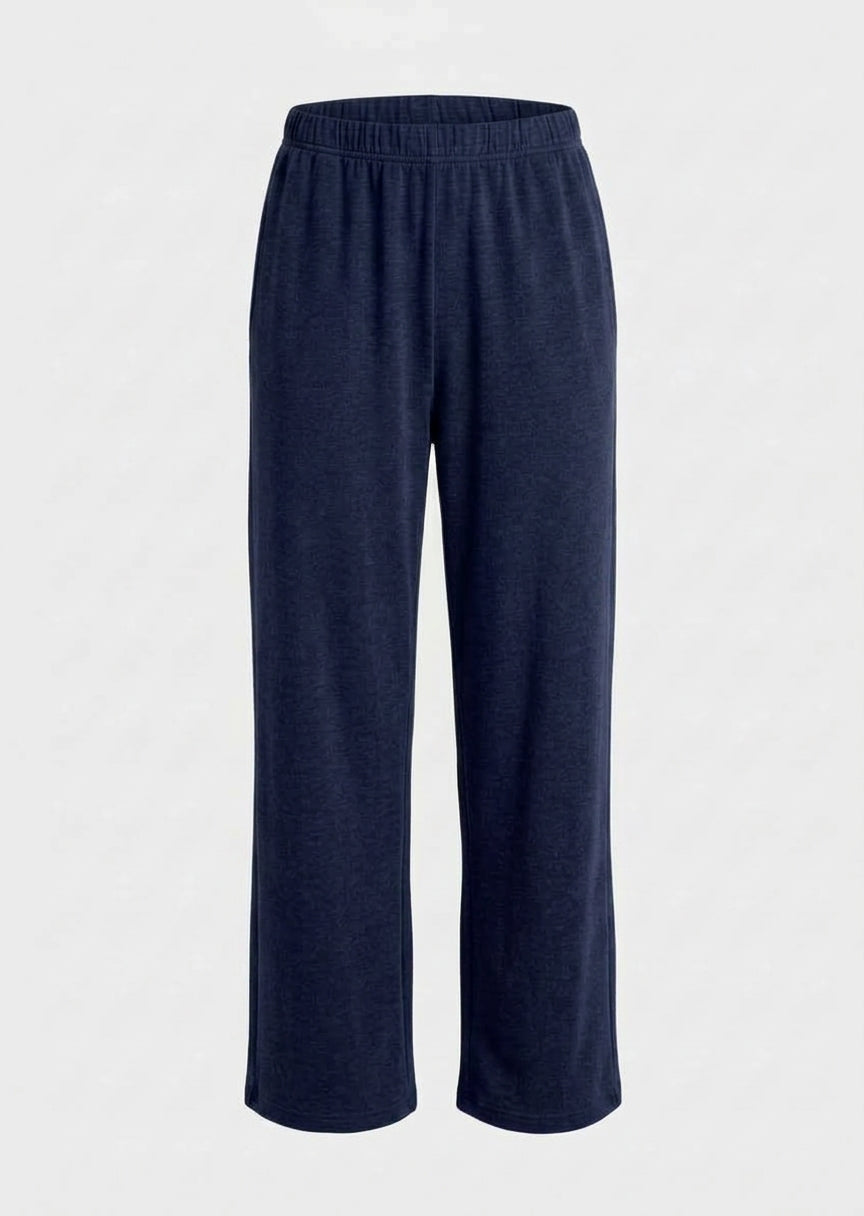 Navy wide-leg pull-on pant with elastic waistband and tapered straight leg