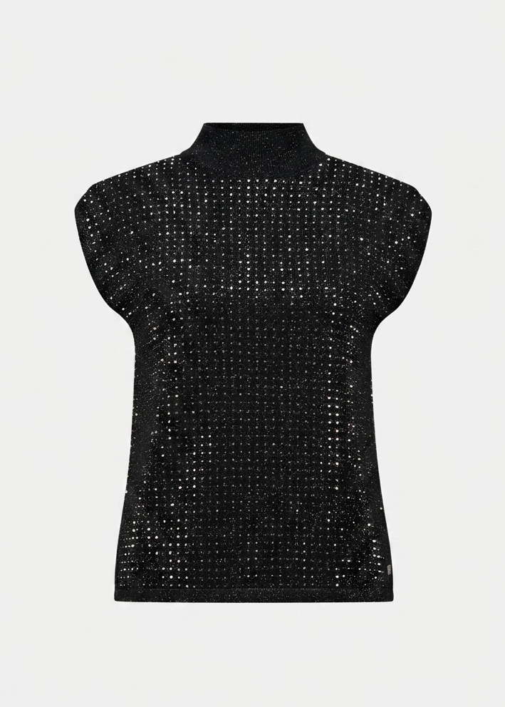 Black sleeveless mock-neck sweater with glittering iron-on detail, short hem