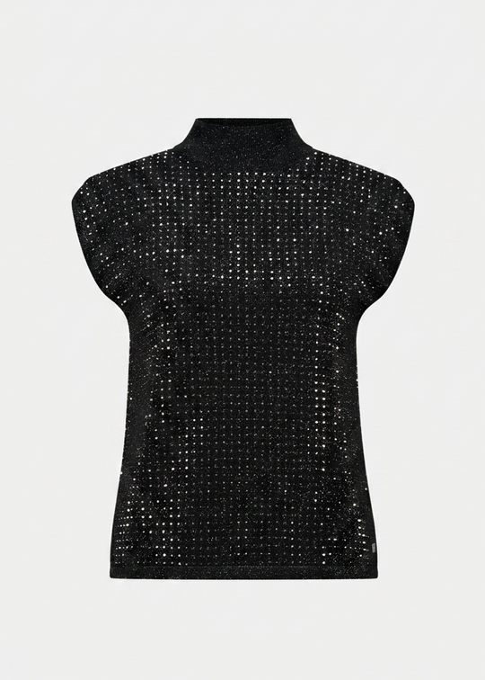 Black sleeveless mock-neck sweater with glittering iron-on detail, short hem