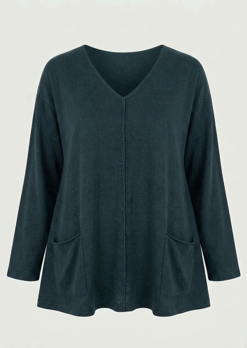 Dark teal V-neck bamboo French terry tunic shirt with 3/4 sleeves and front pockets