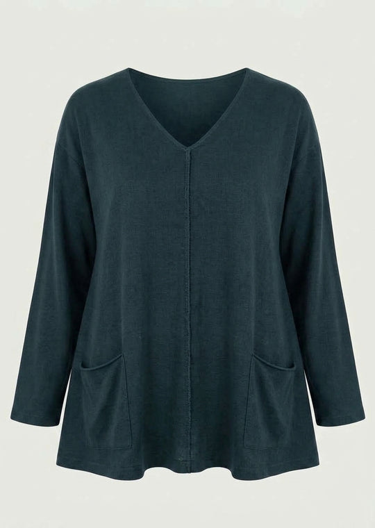 Dark teal V-neck bamboo French terry tunic shirt with 3/4 sleeves and front pockets