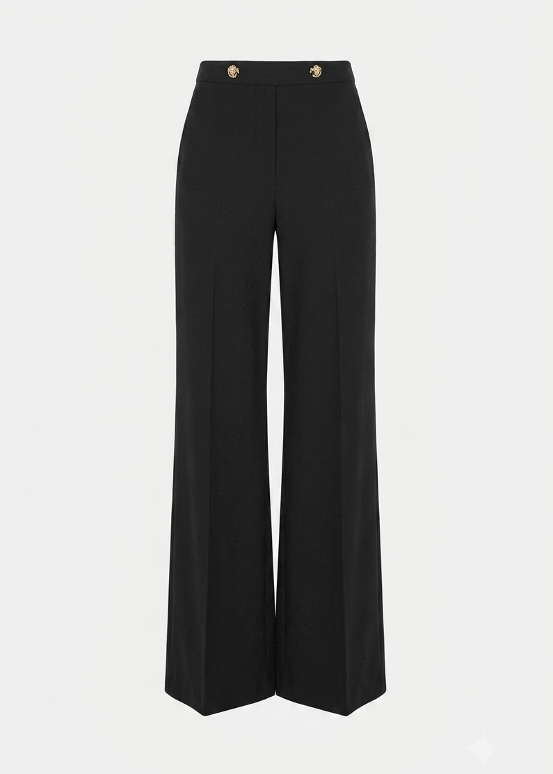 Black wide-leg crepe pants, high-rise waist, front fly, and gold button accents