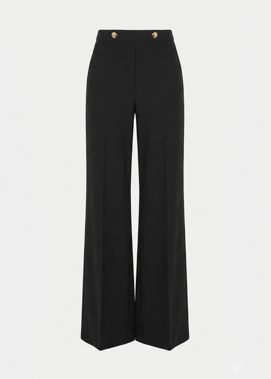 Black wide-leg crepe pants, high-rise waist, front fly, and gold button accents