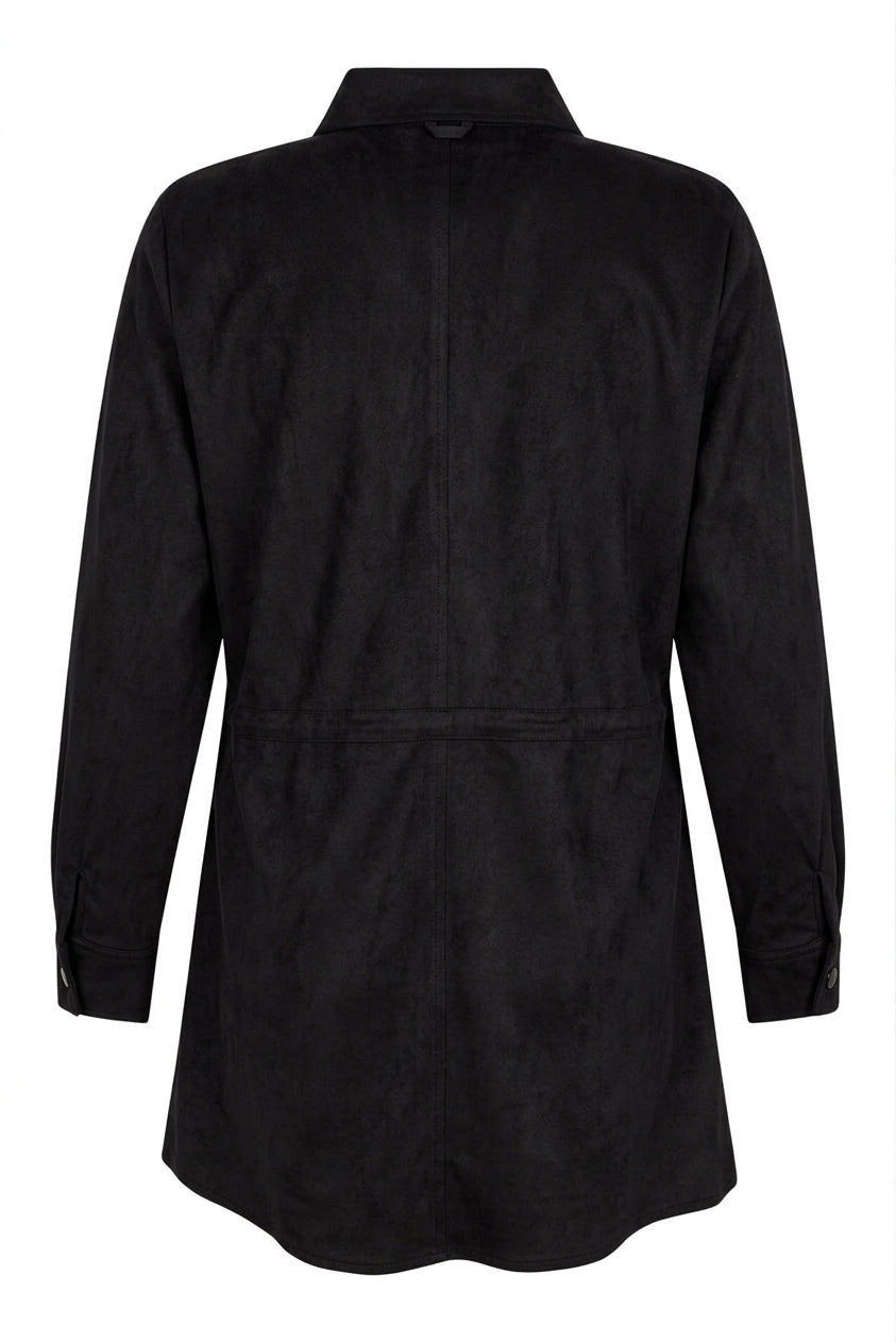Black faux suede snap-front jacket with collar, back view