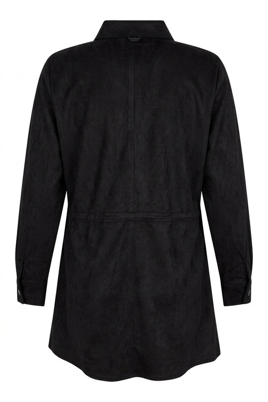 Black faux suede snap-front jacket with collar, back view