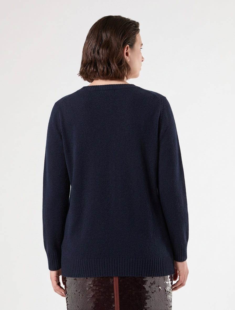 Marina Rinaldi cashmere V-neck sweater, long sleeves, midnight blue, back view
