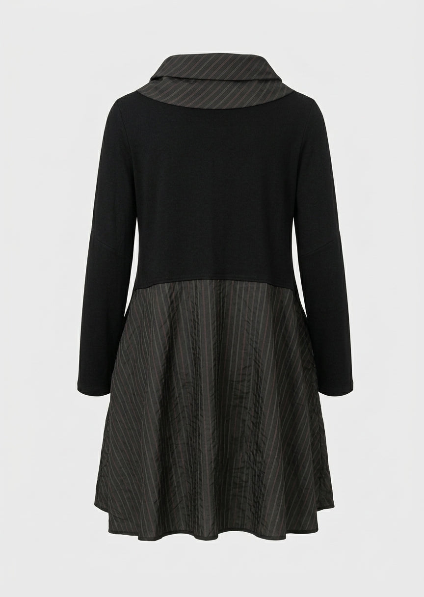 Luuka Black Taffeta Stripe Mix Media Comfort Fit Top With Stripe Taffeta Collar & Hem in Black Striped