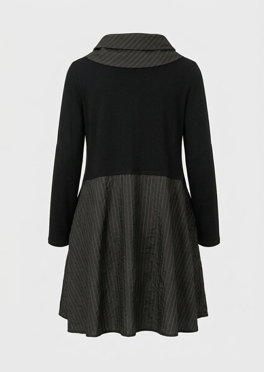 Luuka Black Taffeta Stripe Mix Media Comfort Fit Top With Stripe Taffeta Collar & Hem in Black Striped
