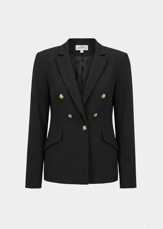 Black fitted blazer with peak lapels and brass button front