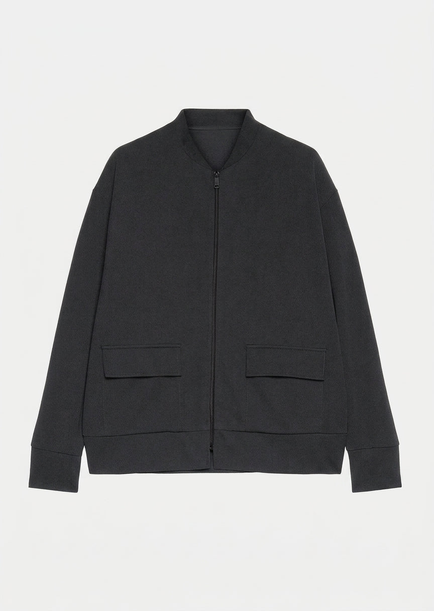 Black zip-front athleisure jacket with stand collar and two flap pockets