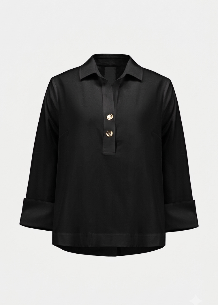 Black boxy shirt-collar top with half placket, 3/4 sleeves with turnback cuffs