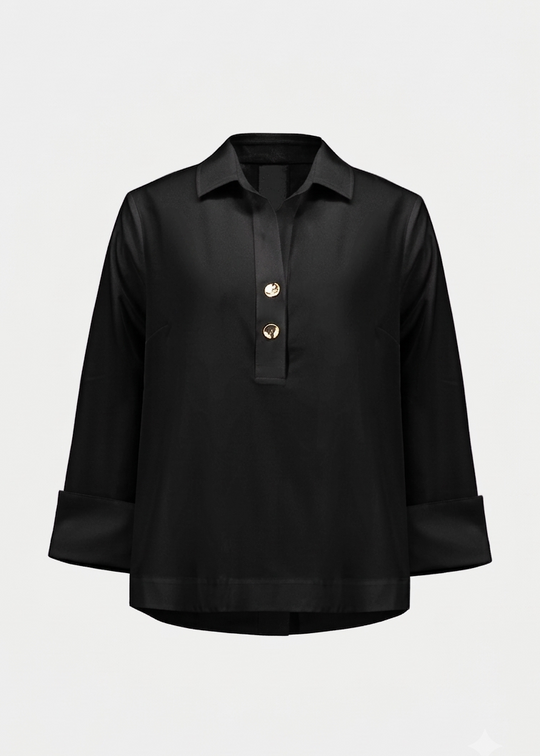 Black boxy shirt-collar top with half placket, 3/4 sleeves with turnback cuffs