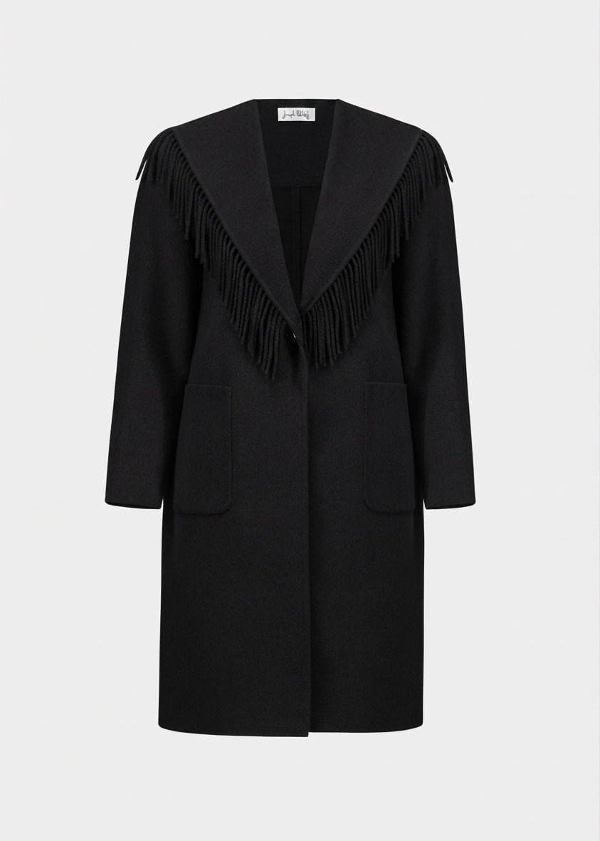 Black wool-blend coat with shawl collar, fringe trim, and two front pockets