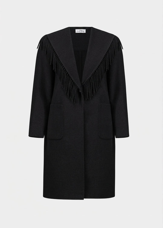 Joseph Ribkoff Wool Blend Shawl Collar Fringed Coat in Black