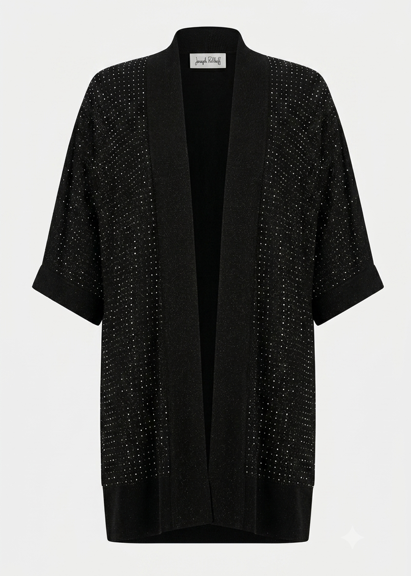 Black knit open-front cardigan with short sleeves and dotted iron-on detail
