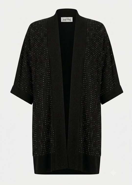 Black knit open-front cardigan with short sleeves and dotted iron-on detail