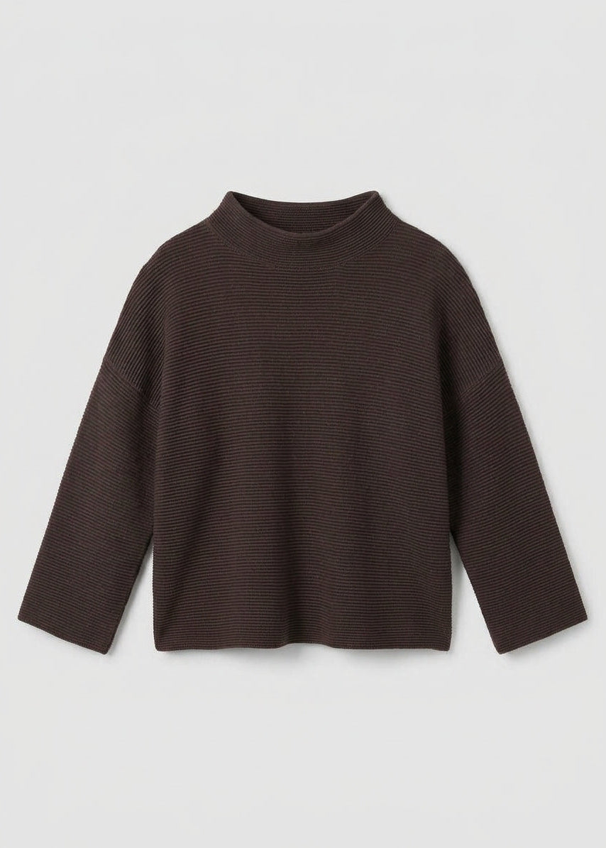 Coffee-brown knit sweater with funnel neck, relaxed fit and bracelet-length sleeves