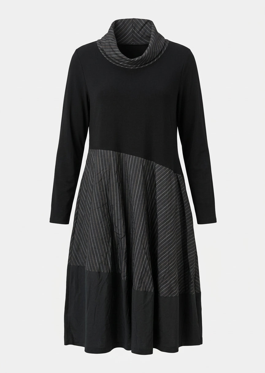 Luuka Black Taffeta Stripe Mix Media Regular Fit Long Dress in Black Striped