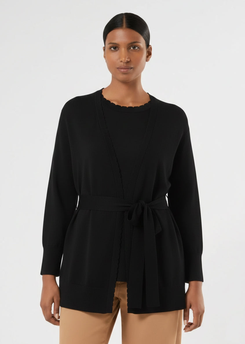 Marina Rinaldi Urbano Viscose Crepe Cardigan with Self Belt in Black