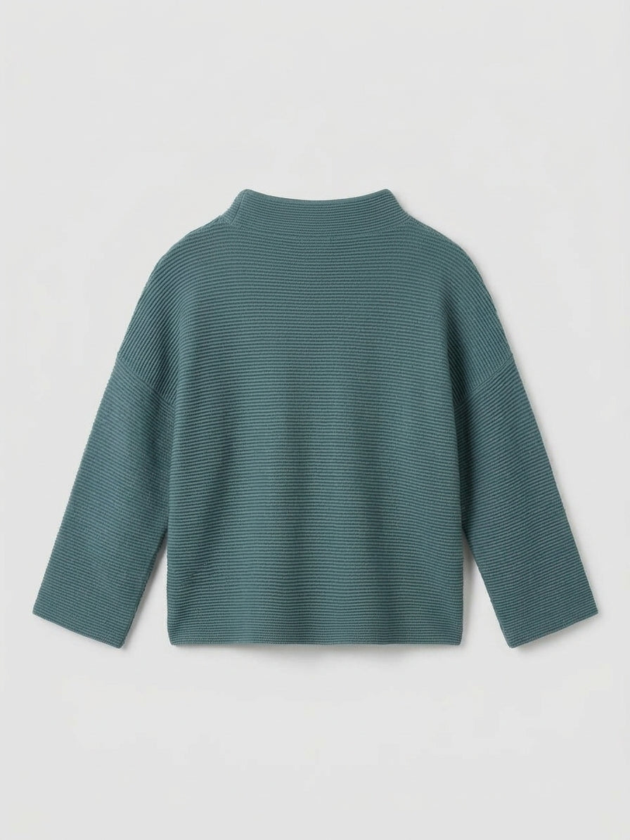 Turquoise knit bracelet-sleeve sweater with funnel neck, back view