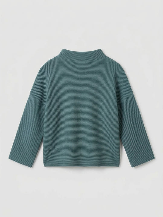 Turquoise knit bracelet-sleeve sweater with funnel neck, back view
