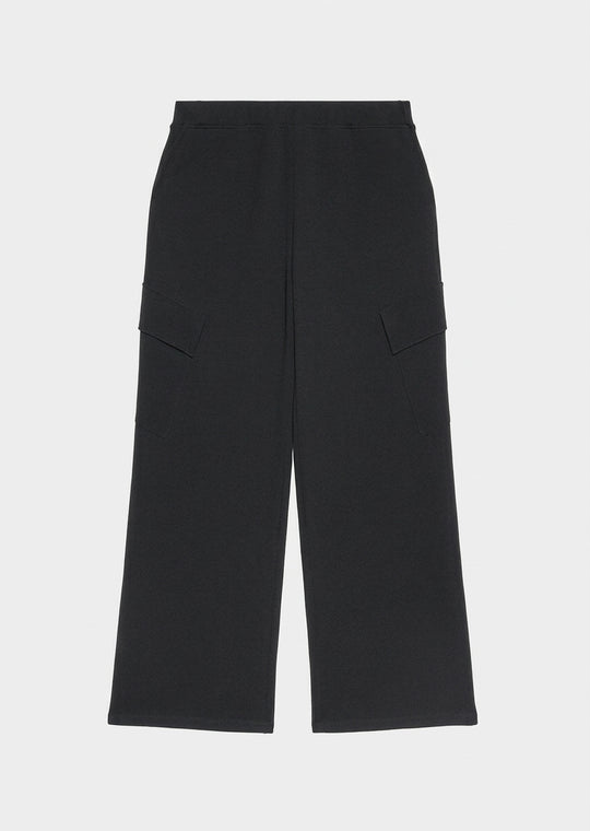 Black scuba twill pants with cargo pockets, wide-leg straight fit