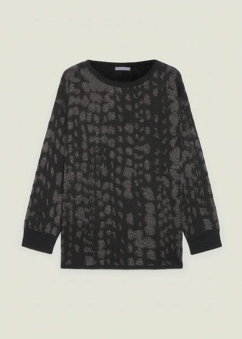 Luisa Viola Jacquard Animal Print Long Sleeve Top With Detachable Collar in Dondo Grigio