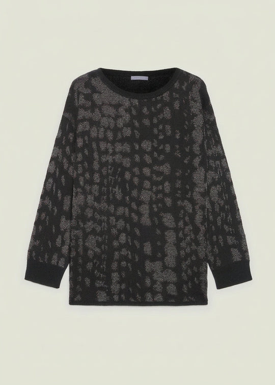 Luisa Viola Jacquard Animal Print Long Sleeve Top With Detachable Collar in Dondo Grigio