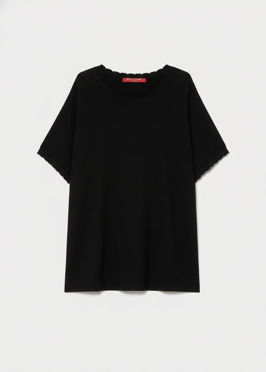 Marina Rinaldi Sansa Scalloped Edge Viscose Crepe Short Sleeve Sweater in Black