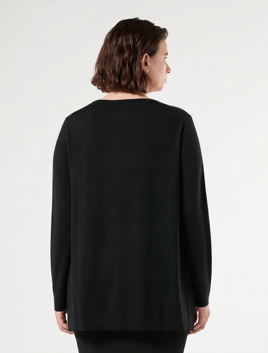 Black V-neck long-sleeve sweater, back view
