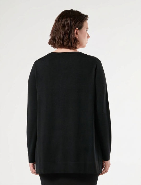 Black V-neck long-sleeve sweater, back view