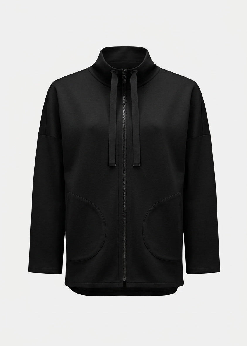 Black scuba jersey boxy jacket with funnel neck, zip front, and drawstring