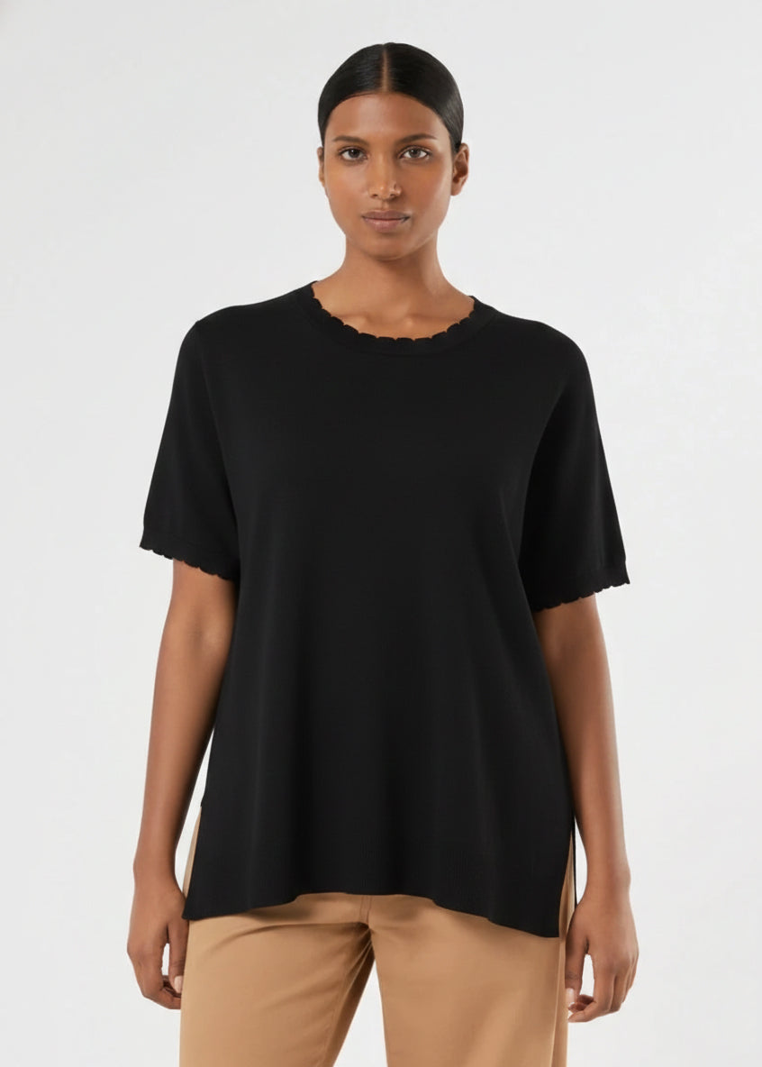 Marina Rinaldi Sansa Scalloped Edge Viscose Crepe Short Sleeve Sweater in Black