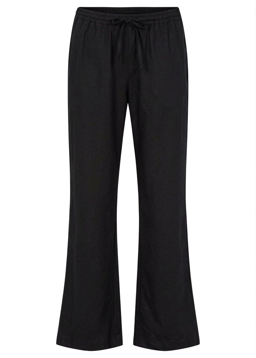 Black faux suede straight-leg pull-on drawstring pants with wide leg opening