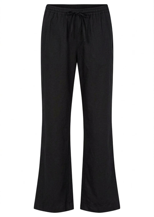 Black faux suede straight-leg pull-on drawstring pants with wide leg opening
