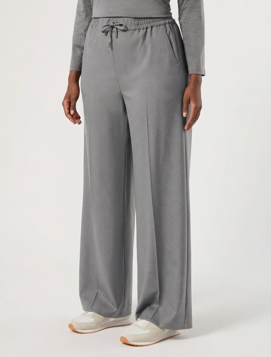 Grey melange stretch pants with elastic drawstring waist and wide straight legs