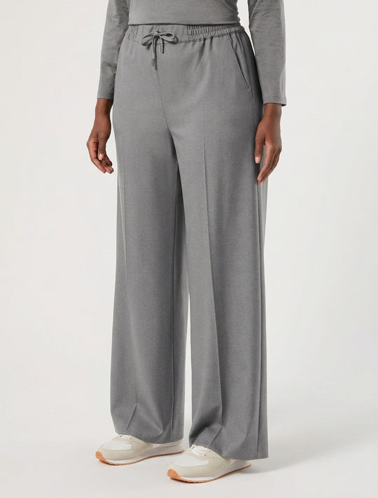 Grey melange stretch pants with elastic drawstring waist and wide straight legs