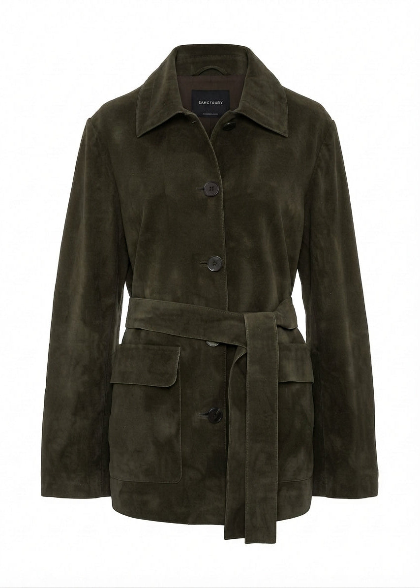 An olive green suede belted coat with a collar and front flap pockets, shown on a plain white background.